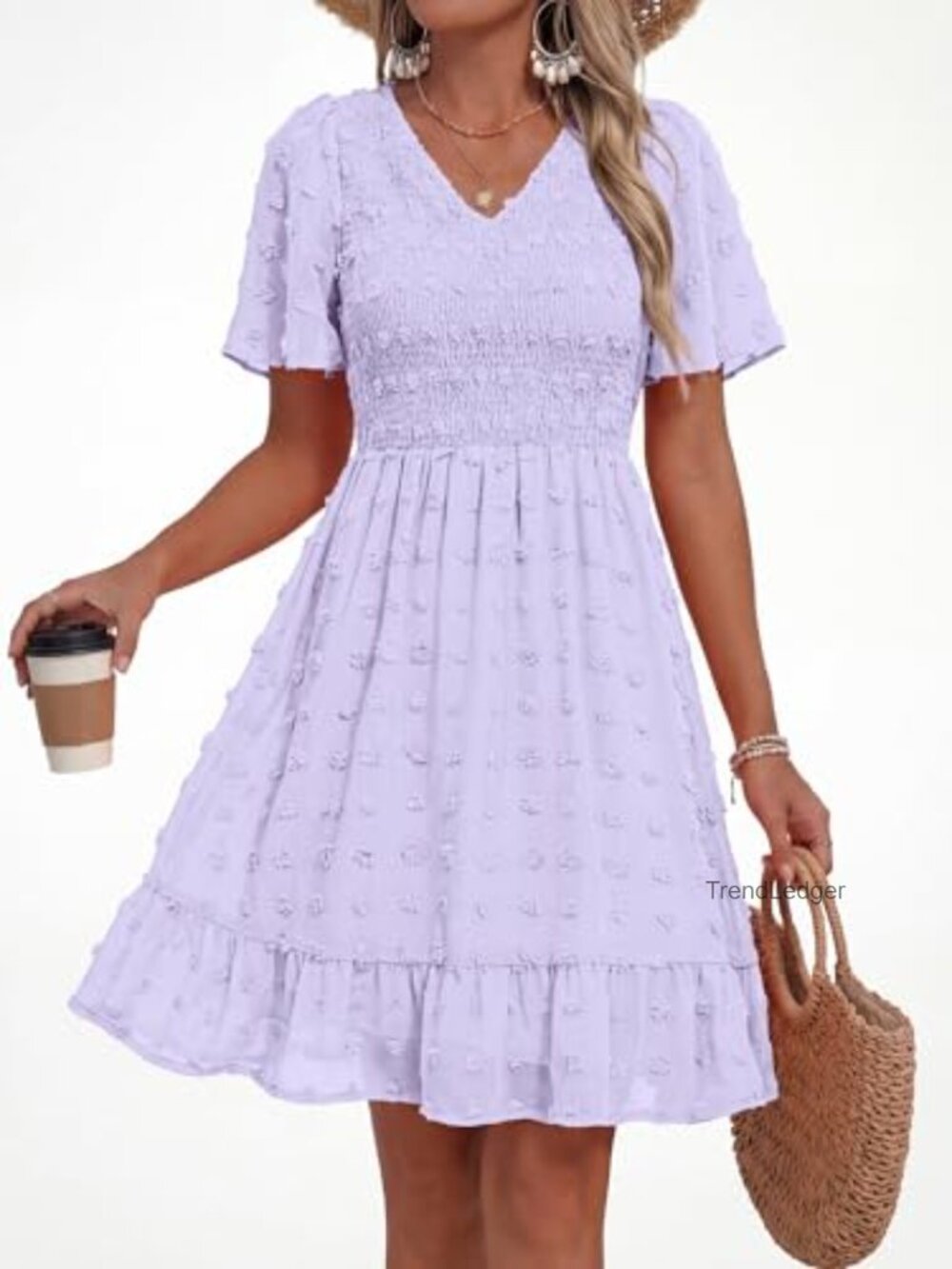 V Neck Short Sleeve Smocked Swiss Dot Ruffle Casual Mini Dress - Picture 3 of 7